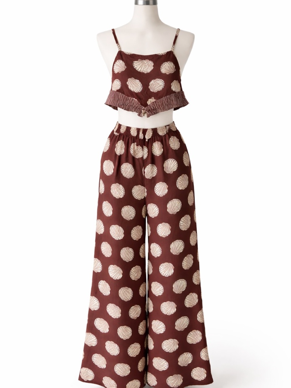 Polka Shell Wide-Leg Jumpsuit in brown